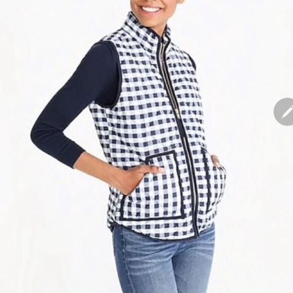 NWT J Crew Gingham Blue White Check Full Zip Puffer Down Vest Quilted SZ Medium - Picture 1 of 9